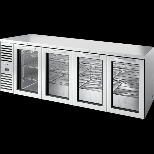 TRUE TBR108-RISZ1-L-B-GGGG-1 Reach-In Single Zone Refrigerator with Left Side Refrigeration System. Stainless Exterior and Glass Swing Doors