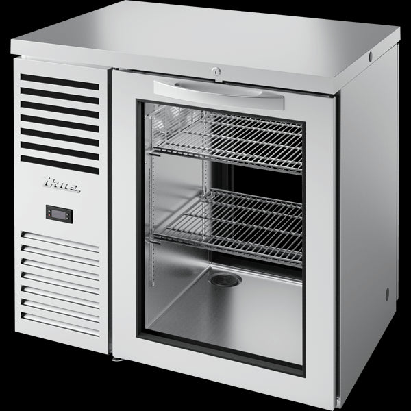 TRUE TBR36-PTSZ1-L-S-G-G-1 Pass-Thru Single Zone Refrigerator with Left Side Refrigeration System. Stainless Exterior and Glass Swing Doors