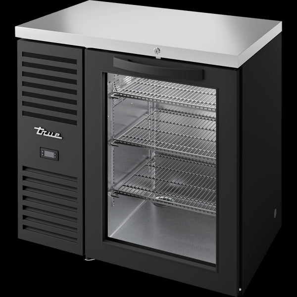 TRUE TBR36-RISZ1-L-B-G-1 Reach-In Single Zone Refrigerator with Left Side Refrigeration System. Black Exterior and Glass Swing Doors