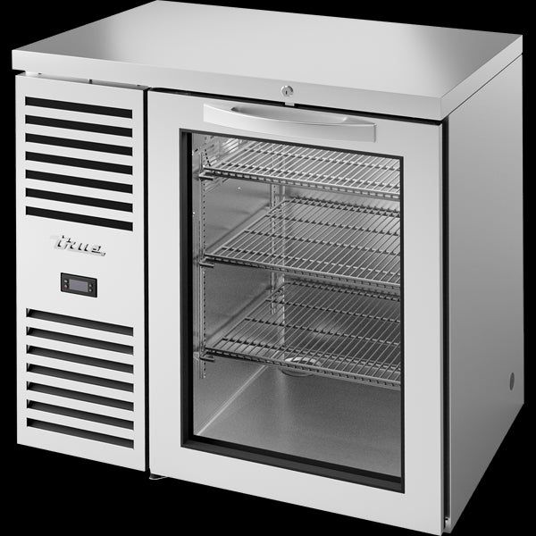 TRUE TBR36-RISZ1-L-S-G-1 Reach-In Single Zone Refrigerator with Left Side Refrigeration System. Stainless Exterior and Glass Swing Doors