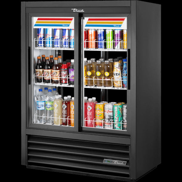 TRUE GDM-33CPT-54-HC-LD Slide Door Lower Height Narrow Depth Fast Lane Pass-Thru Refrigerator with Hydrocarbon Refrigerant and LED Lighting