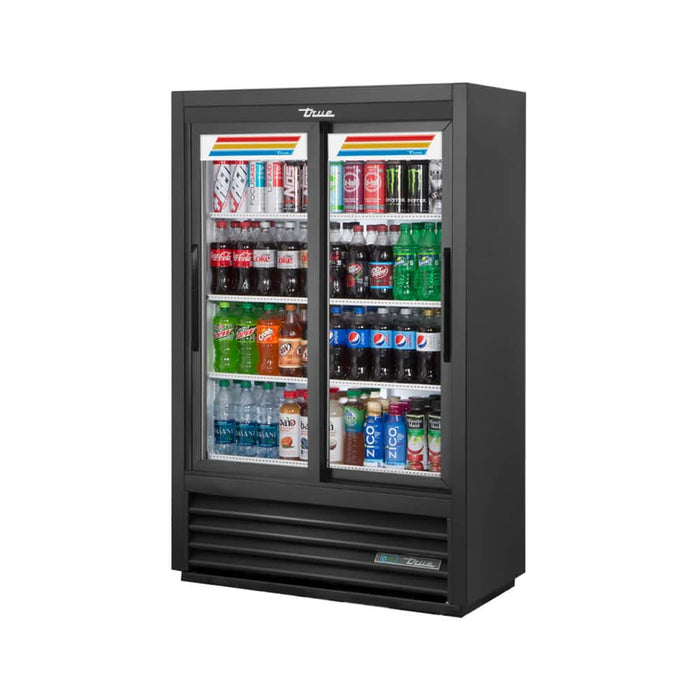 TRUE GDM-33SSL-56-HC-LD Slide Door Lower Height Narrow Depth Refrigerator with Hydrocarbon Refrigerant and LED Lighting