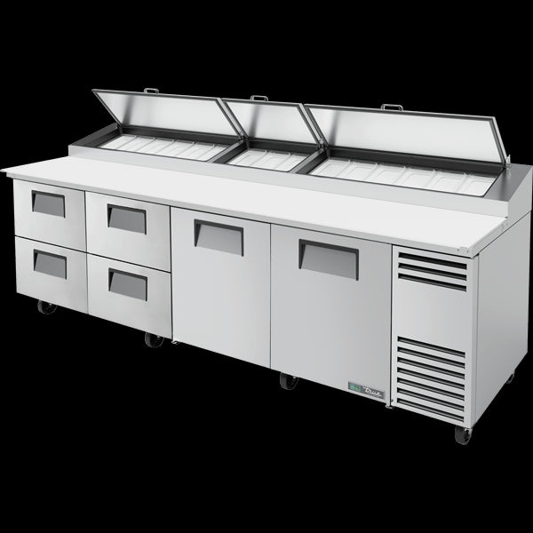 TRUE TPP-AT-119D-2-HC Solid Doors & Drawers Pizza Prep Table with Angled Top and Hydrocarbon Refrigerant