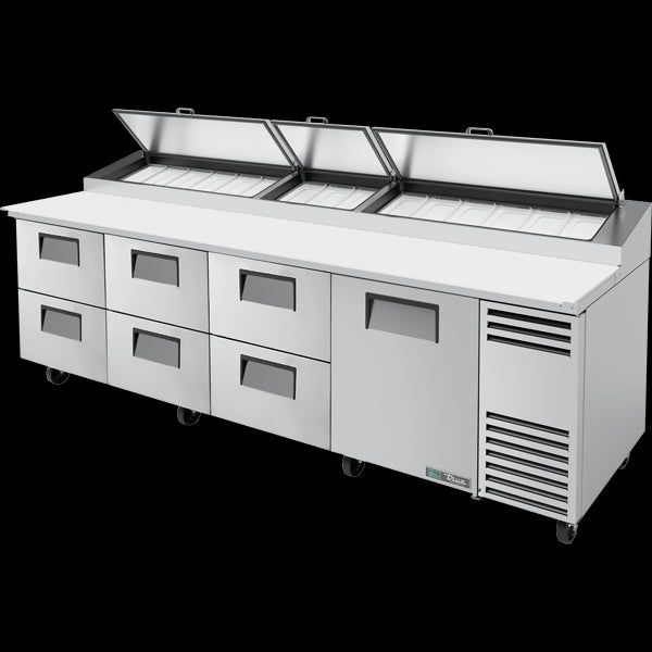 TRUE TPP-AT-119D-6-HC Solid Door & Drawers Pizza Prep Table with Angled Top and Hydrocarbon Refrigerant