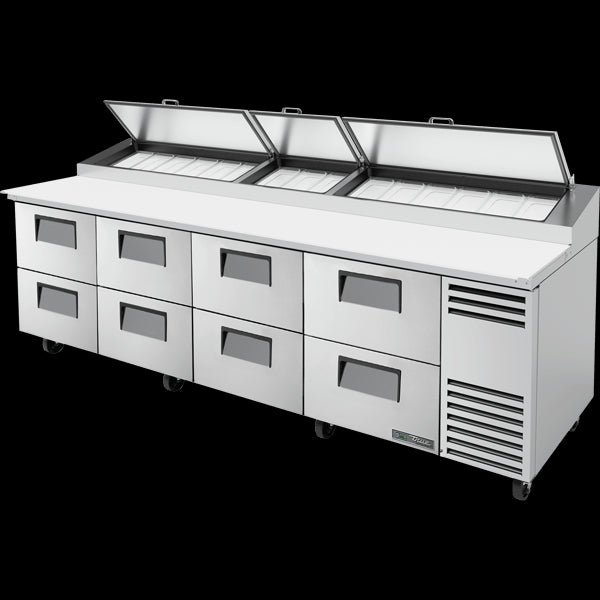 TRUE TPP-AT-119D-8-HC Solid Drawers Pizza Prep Table with Angled Top and Hydrocarbon Refrigerant