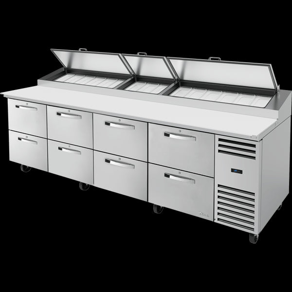 TRUE TPP-AT-119D-8-HC~SPEC3 Solid Drawers Pizza Prep Table with Angled Top and Hydrocarbon Refrigerant~Spec Package 3