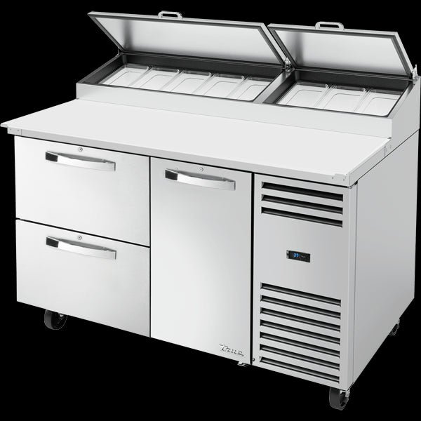 TRUE TPP-AT-60-HC~SPEC3 Solid Door & Drawers Pizza Prep Table with Angled Top and Hydrocarbon Refrigerant~Spec Package 3