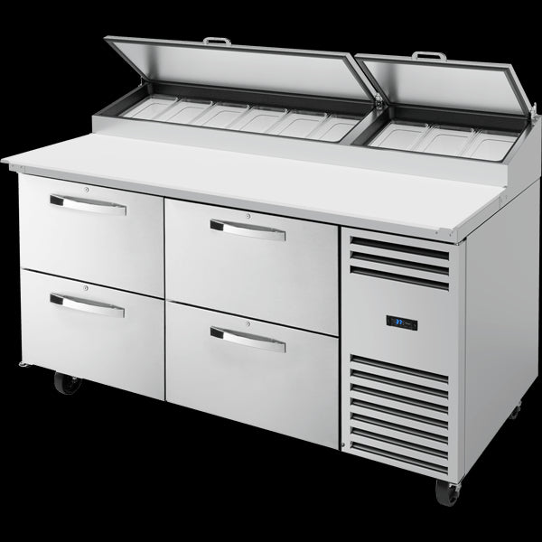 TRUE TPP-AT-67D-4-HC Solid Drawers Pizza Prep Table with Angled Top and Hydrocarbon Refrigerant~Spec Package 3