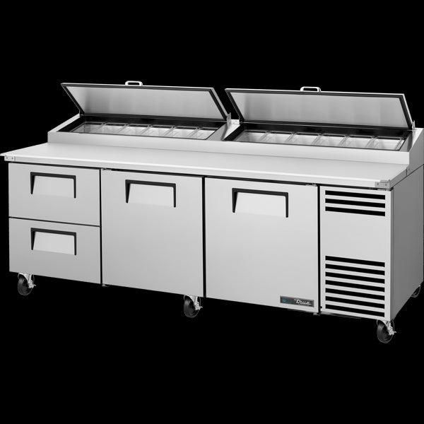 TRUE TPP-AT-93-HC Solid Door Pizza Prep Table with Angled Top Version 2 and Hydrocarbon Refrigerant