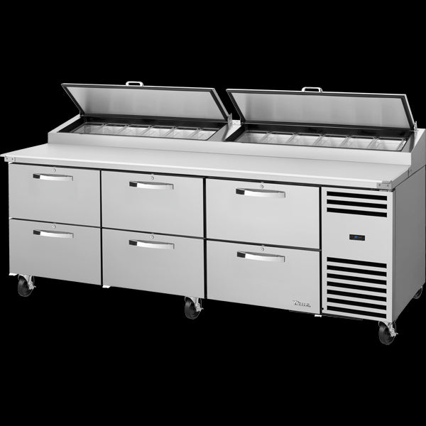 TRUE TPP-AT2-93D-6-HC~SPEC3 Solid Drawers Pizza Prep Table with Angled Top and Hydrocarbon Refrigerant~Spec Package 3