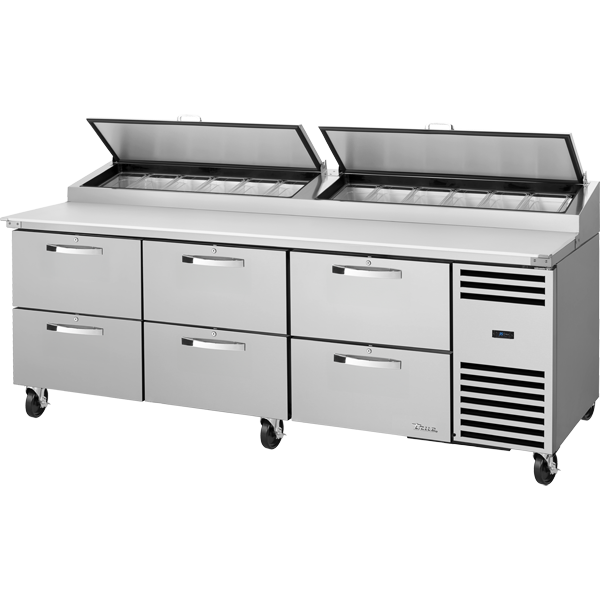 TRUE TPP-AT-93D-6-HC~SPEC3 Solid Drawers Pizza Prep Table with Angled Top and Hydrocarbon Refrigerant~Spec Package 3