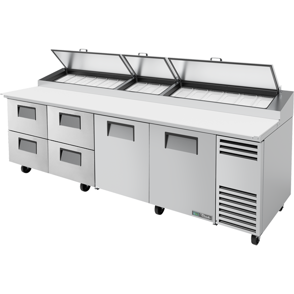 TRUE TPP-AT-119D-4-HC Solid Doors & Drawers Pizza Prep Table with Angled Top and Hydrocarbon Refrigerant