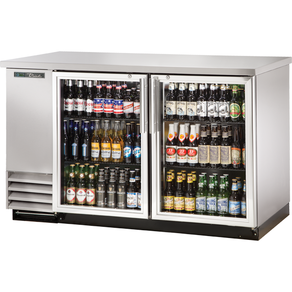 TRUE TBB-2G-S-HC-LD Glass Swing Door Stainless Steel Back Bar Cooler with LED Lighting & Hydrocarbon Refrigerant