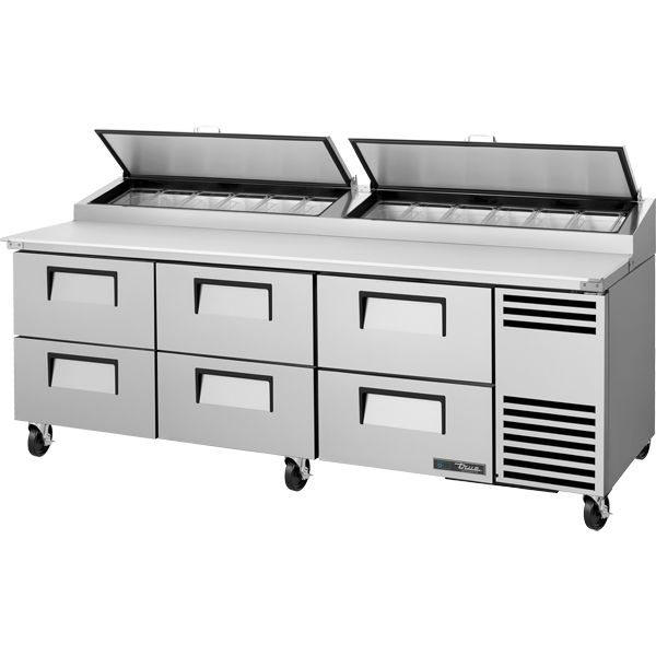 TRUE TPP-AT-93D-6-HC Solid Drawers Pizza Prep Table with Angled Top Version 2 and Hydrocarbon Refrigerant