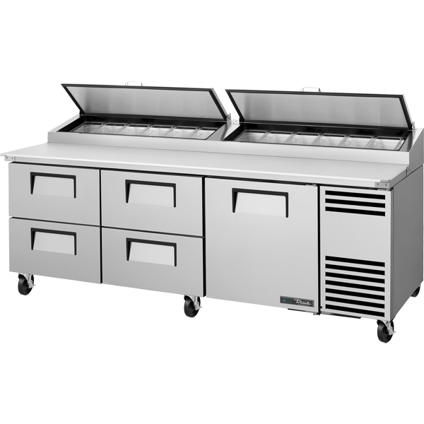 TRUE TPP-AT-93D-4-HC Solid Door & Drawers Pizza Prep Table with Angled Top Version 2 and Hydrocarbon Refrigerant