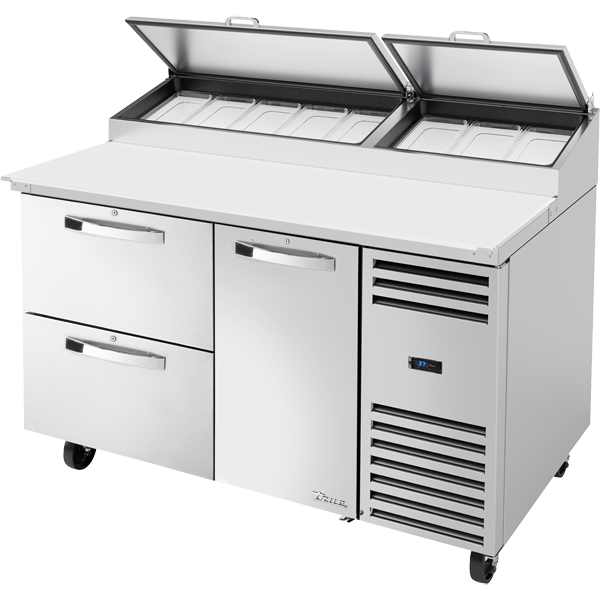 TRUE TPP-AT-60-HC~SPEC3 Solid Door & Drawers Pizza Prep Table with Angled Top and Hydrocarbon Refrigerant~Spec Package 3