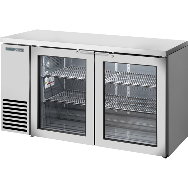 TRUE TBB24-60-2G-Z1-SFT-S-1 Stainless Steel Glass 2-Door Back Bar Refrigerator With Galvanized Top & LED Lighting