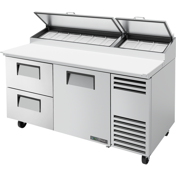 TRUE TPP-AT-67D-2-HC Solid Door & Drawers Pizza Prep Table with Angled Top and Hydrocarbon Refrigerant